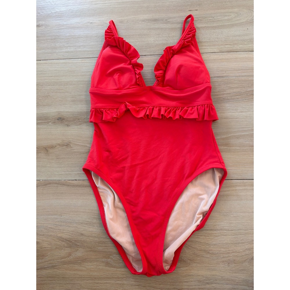 J.Crew Womens Ruffle V-Neck One-Piece Swimsuit Red Size 2 Adjustable Straps
